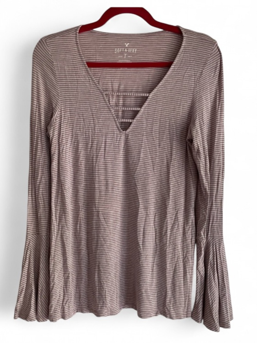American Eagle Outfitters Soft & Sexy V Neck Striped Tee Bell Sleeve Size M